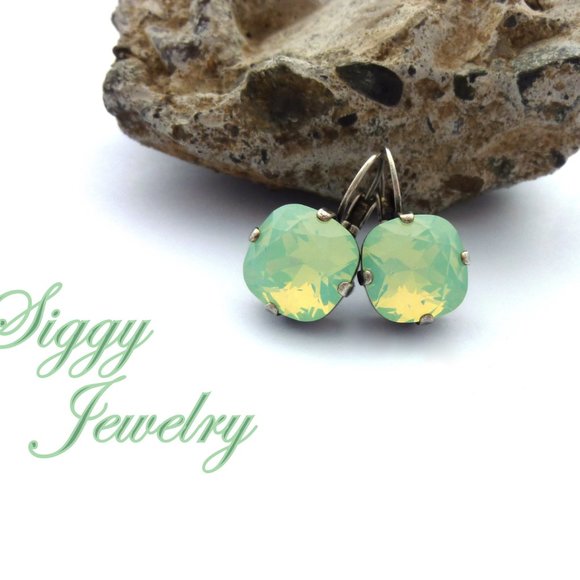 Swarovski Crystal Chrysolite Opal Cushion Cut Drop Earrings, 12mm Fancy Square - Picture 3 of 5